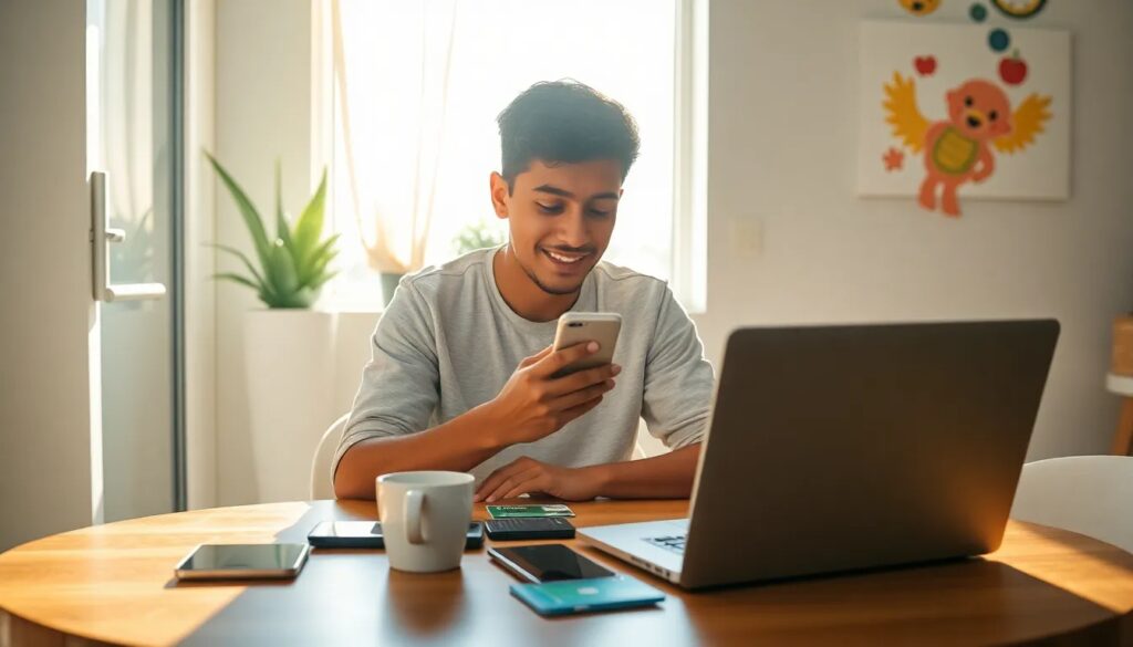 Hombre usando móvil y portátil en casa.