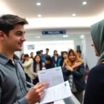 Personas conversando en una oficina de atención.