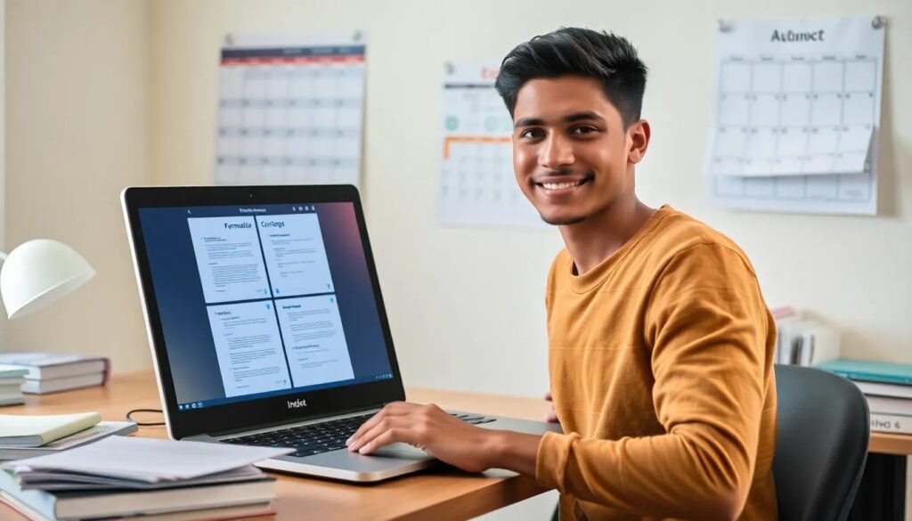 Estudiante sonriente trabajando en laptop, calendario en pared.