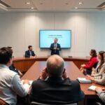 Reunión ejecutiva en sala de conferencias moderna.