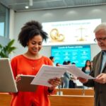 Dos personas revisando documentos en oficina moderna