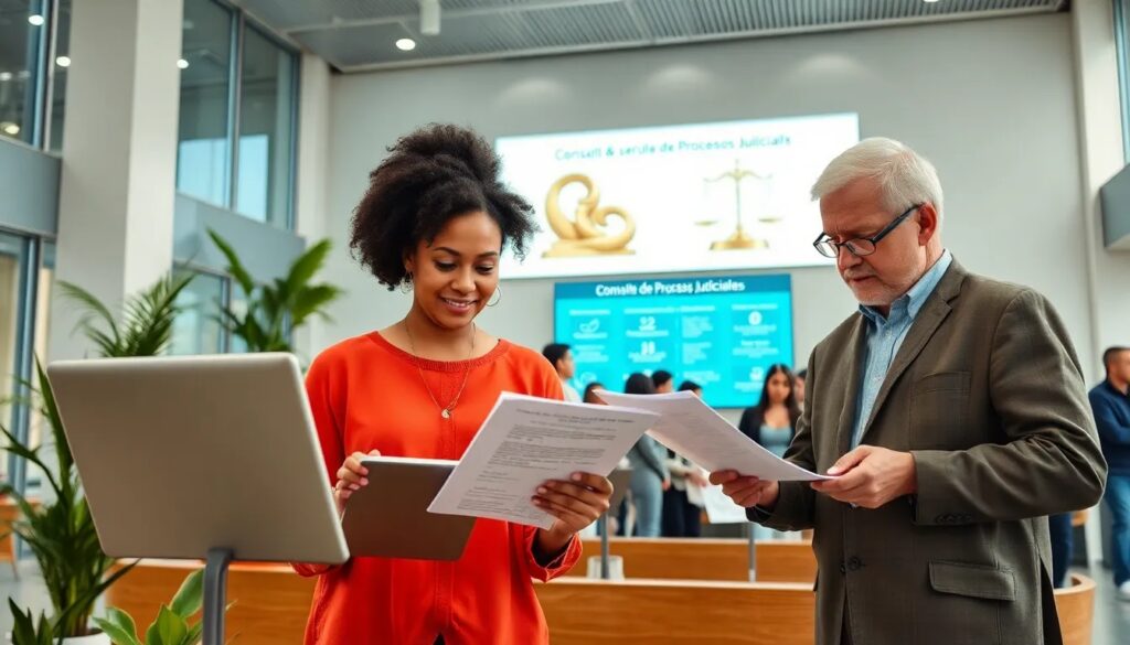 Dos personas revisando documentos en oficina moderna