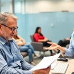 Personas conversando en oficina moderna.