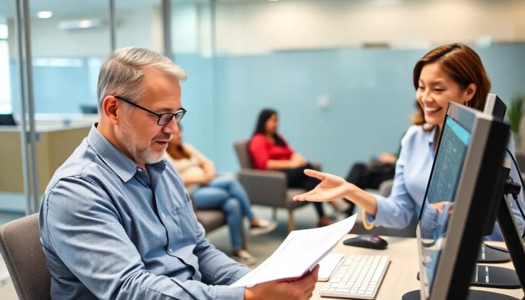 Personas conversando en oficina moderna.