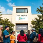 Personas reunidas frente a edificio público.
