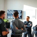Reunión de policías en oficina con pantalla de vigilancia.