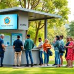 Personas haciendo fila en un quiosco informativo al aire libre.
