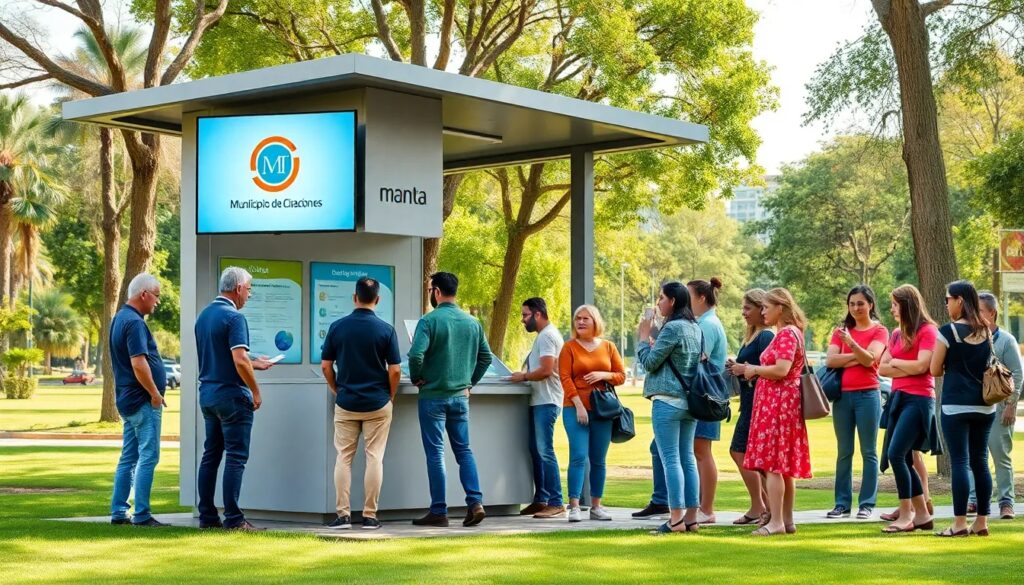 Personas haciendo fila en un quiosco informativo al aire libre.