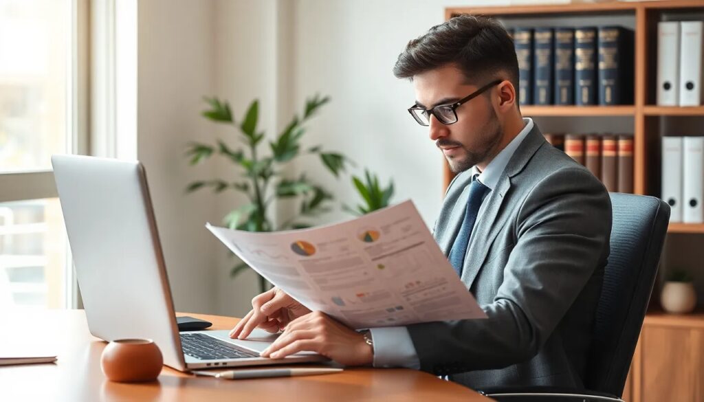 Hombre revisando documentos en oficina moderna