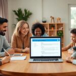 Familia sonriendo alrededor de una mesa con portátil.