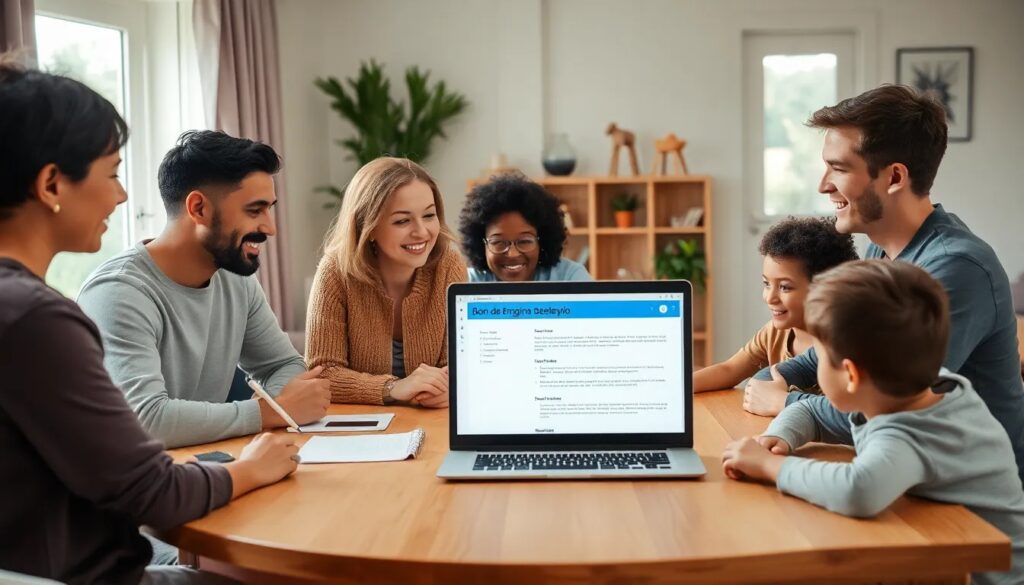 Familia sonriendo alrededor de una mesa con portátil.