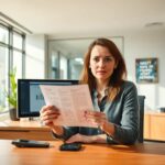 Mujer leyendo documento en oficina moderna soleada.