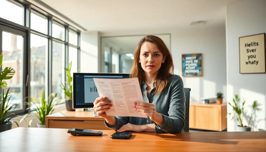 Mujer leyendo documento en oficina moderna soleada.