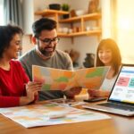 Personas planeando viaje con mapas y portátil.