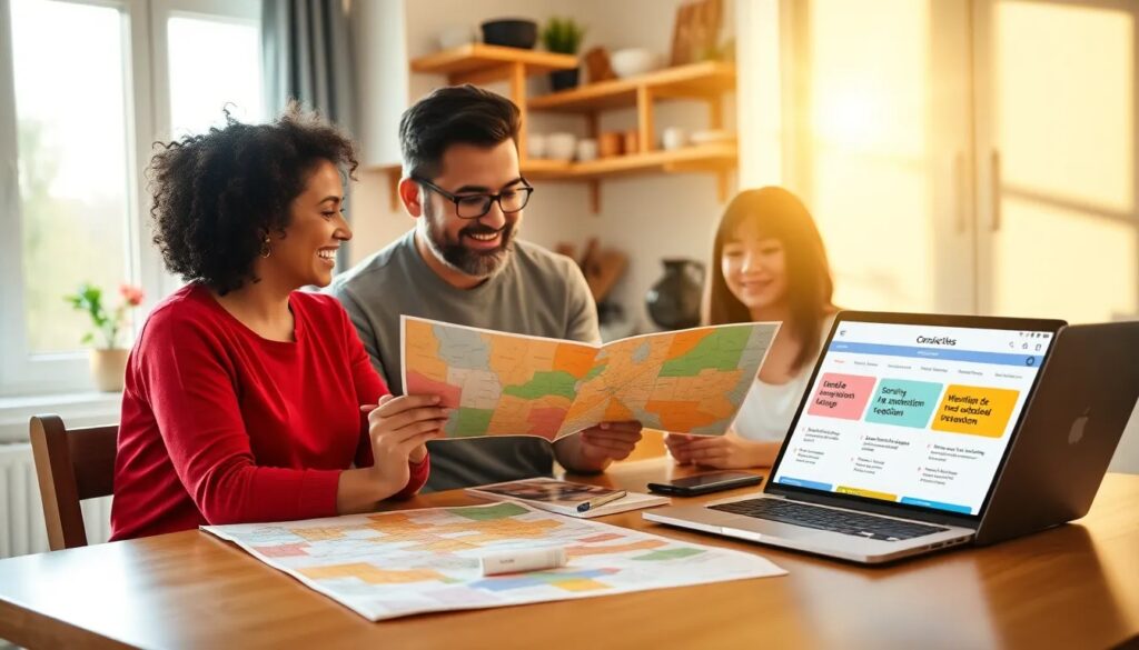 Personas planeando viaje con mapas y portátil.