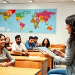 Estudiantes en clase con profesora y mapa mundial