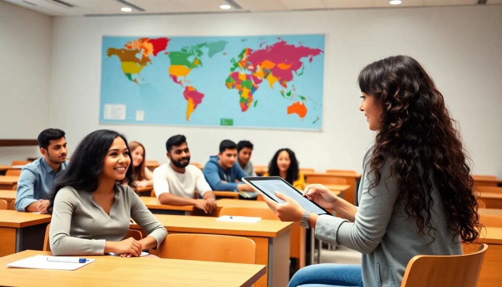 Estudiantes en clase con profesora y mapa mundial