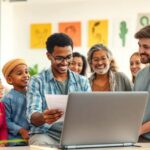 Grupo de personas sonriendo frente a ordenador portátil.