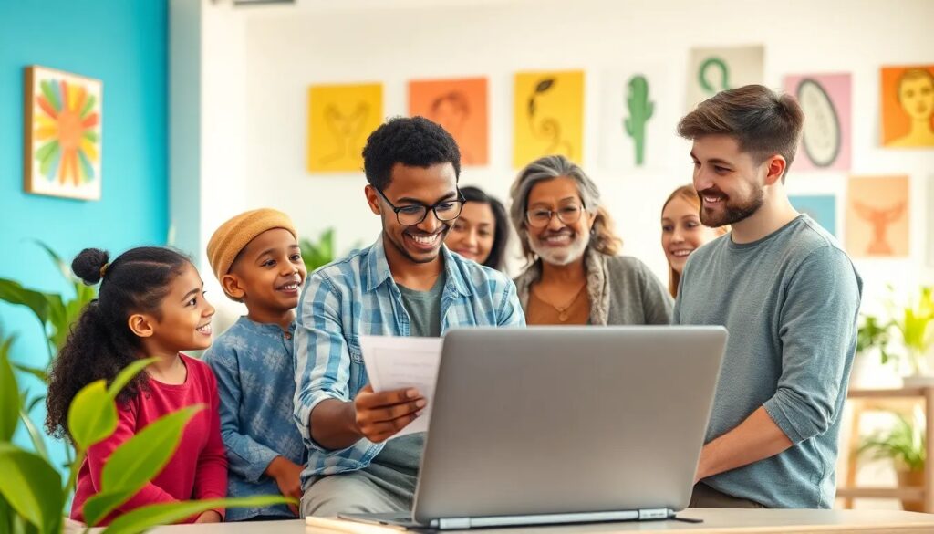 Grupo de personas sonriendo frente a ordenador portátil.
