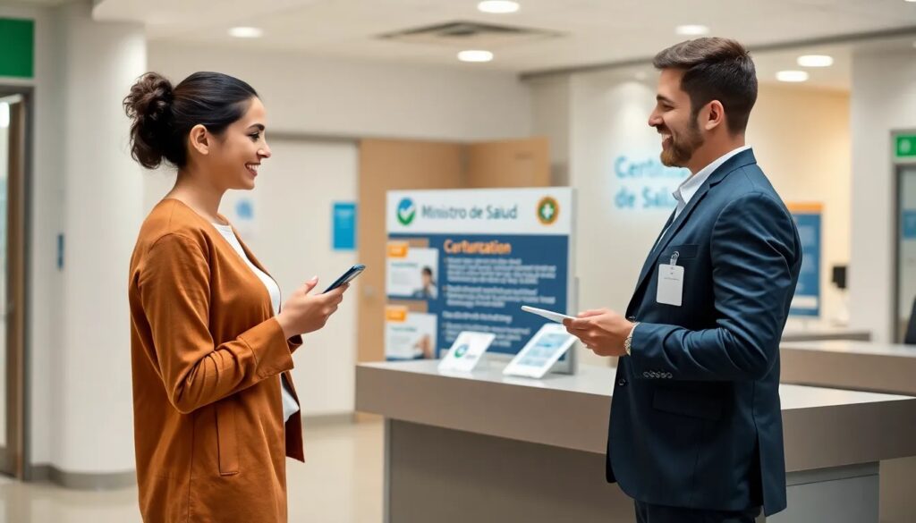 Personas conversando en recepción de centro de salud.