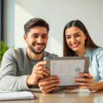 Pareja usando tableta en oficina luminosa