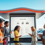 Personas reunidas viendo presentación de coches eléctricos.