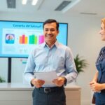 Reunión en oficina con gráficos en pantalla.