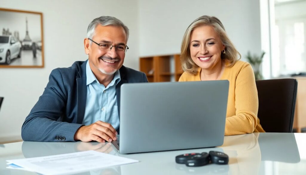 Pareja madura sonriendo frente a portátil en oficina.