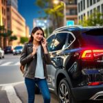 Mujer hablando por teléfono junto a coche en la ciudad.