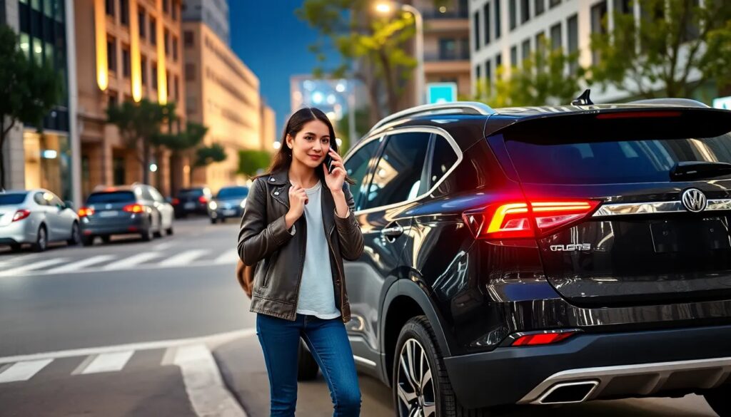 Mujer hablando por teléfono junto a coche en la ciudad.