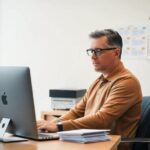 Hombre trabajando en oficina con ordenador.