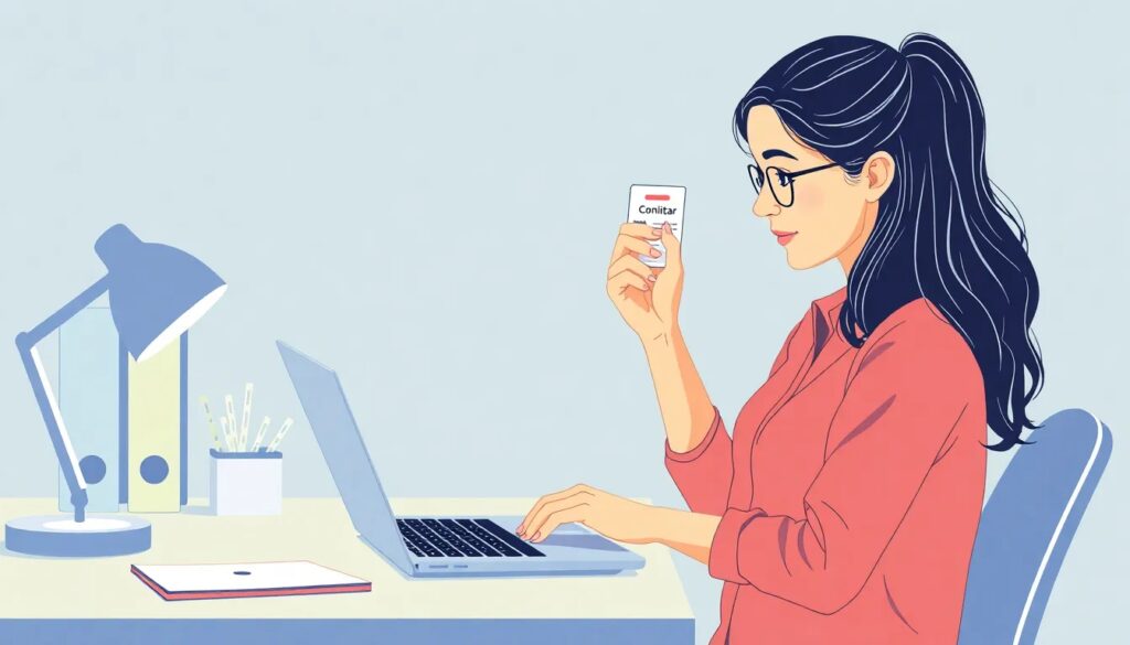 Mujer trabajando en laptop con tarjeta mano