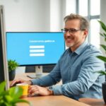 Hombre trabajando en ordenador con pantalla azul