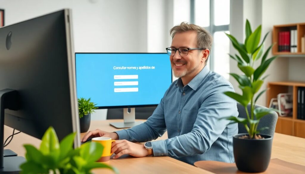 Hombre trabajando en ordenador con pantalla azul