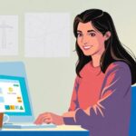 Mujer trabajando en ordenador en oficina iluminada.