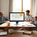 Familia reunida viendo una pantalla en escritorio.