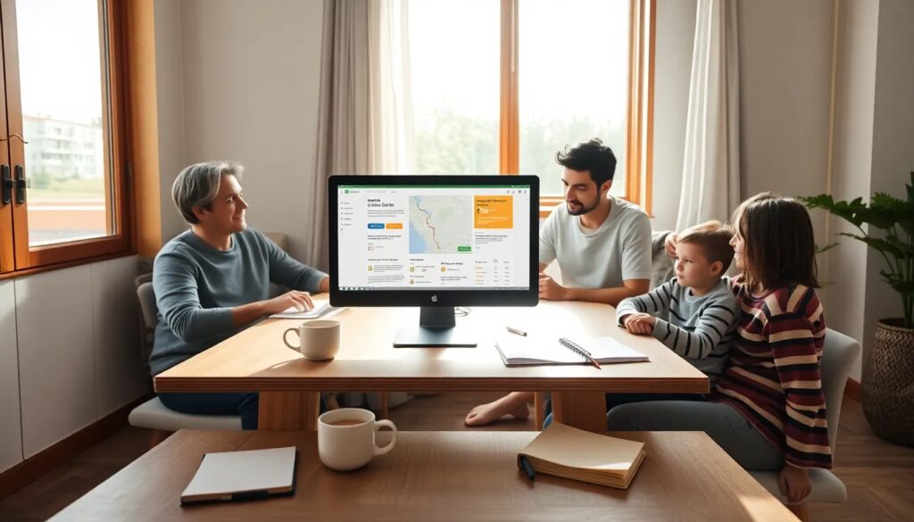 Familia reunida viendo una pantalla en escritorio.