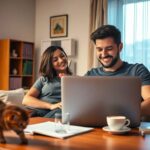 Pareja sonriente en sofá con portátil y gatos