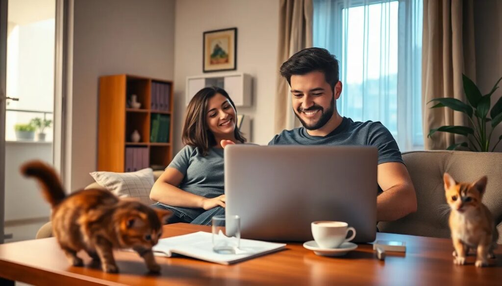 Pareja sonriente en sofá con portátil y gatos