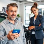Hombre con móvil en concesionario de coches