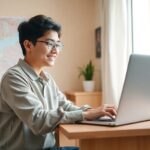 Persona sonriendo mientras trabaja en ordenador portátil