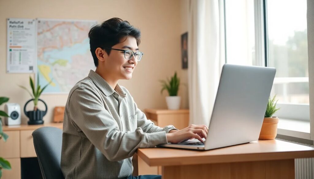 Persona sonriendo mientras trabaja en ordenador portátil
