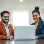 Dos personas sonrientes frente a un ordenador portátil.