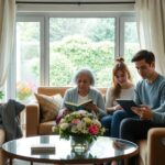Familia leyendo en el salón, frente a la ventana.