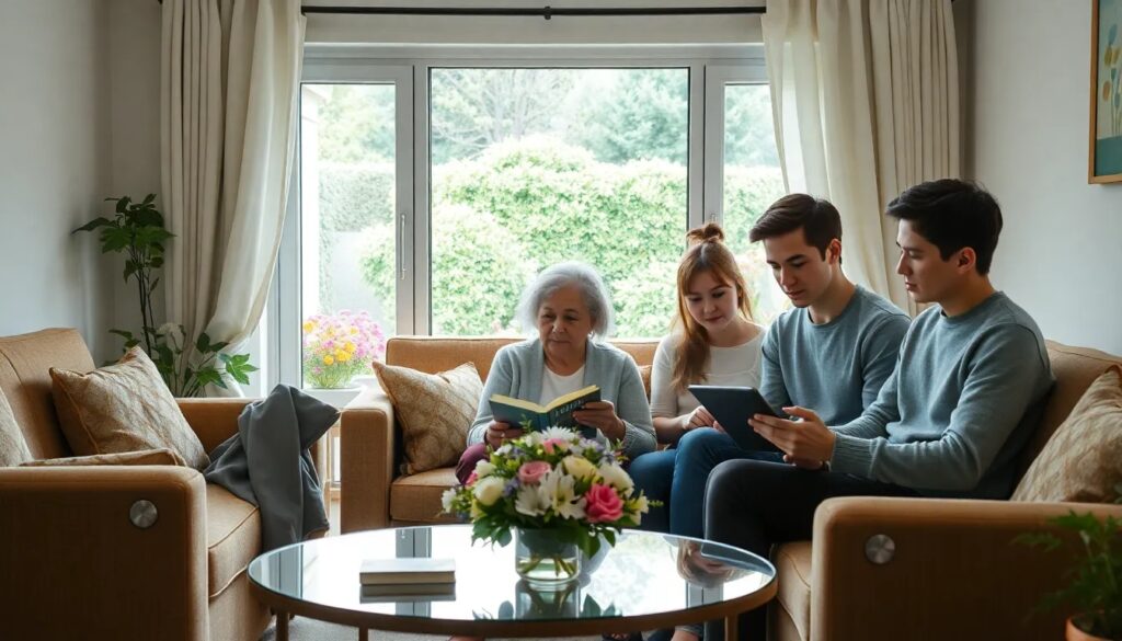 Familia leyendo en el salón, frente a la ventana.