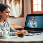Videollamada médica desde casa, mujer sonriente en laptop.