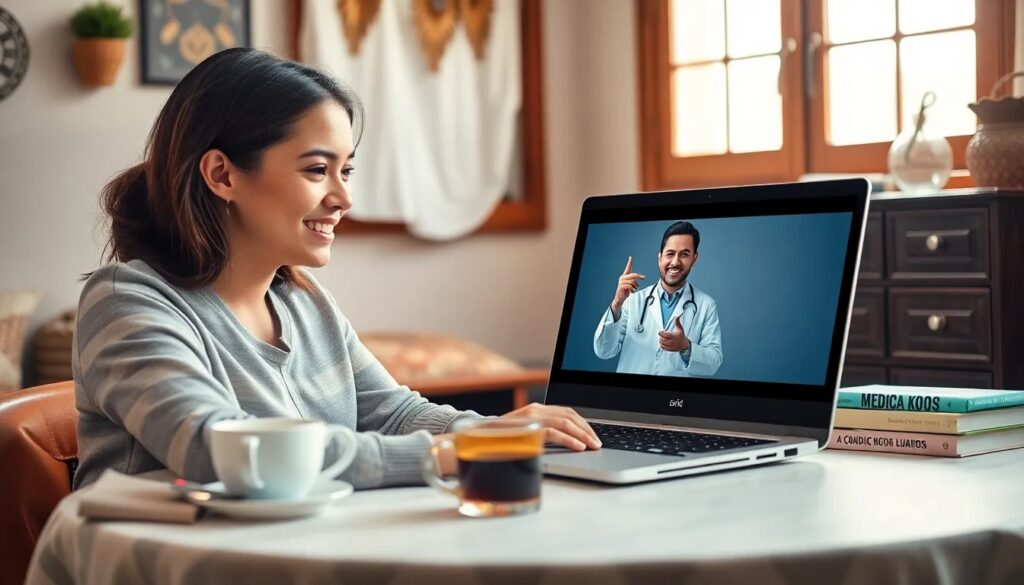 Videollamada médica desde casa, mujer sonriente en laptop.