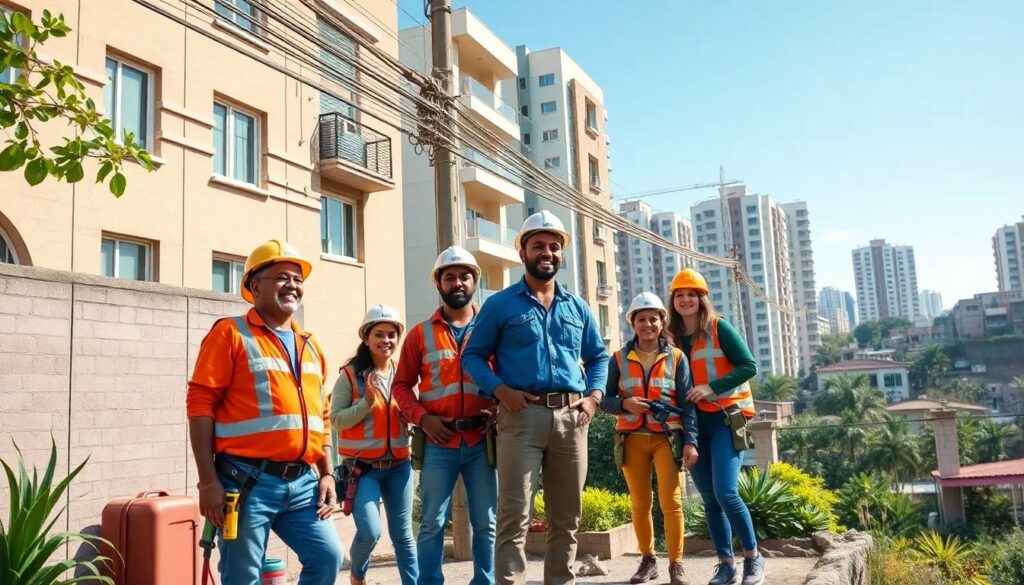 Trabajadores de construcción en ciudad con edificios altos.
