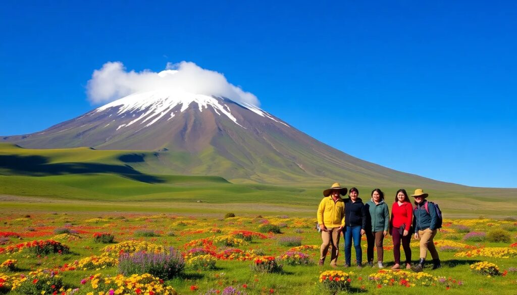 Personas posando frente a un volcán nevado en campo