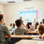 Estudiantes en clase con profesor y cronograma escolar.